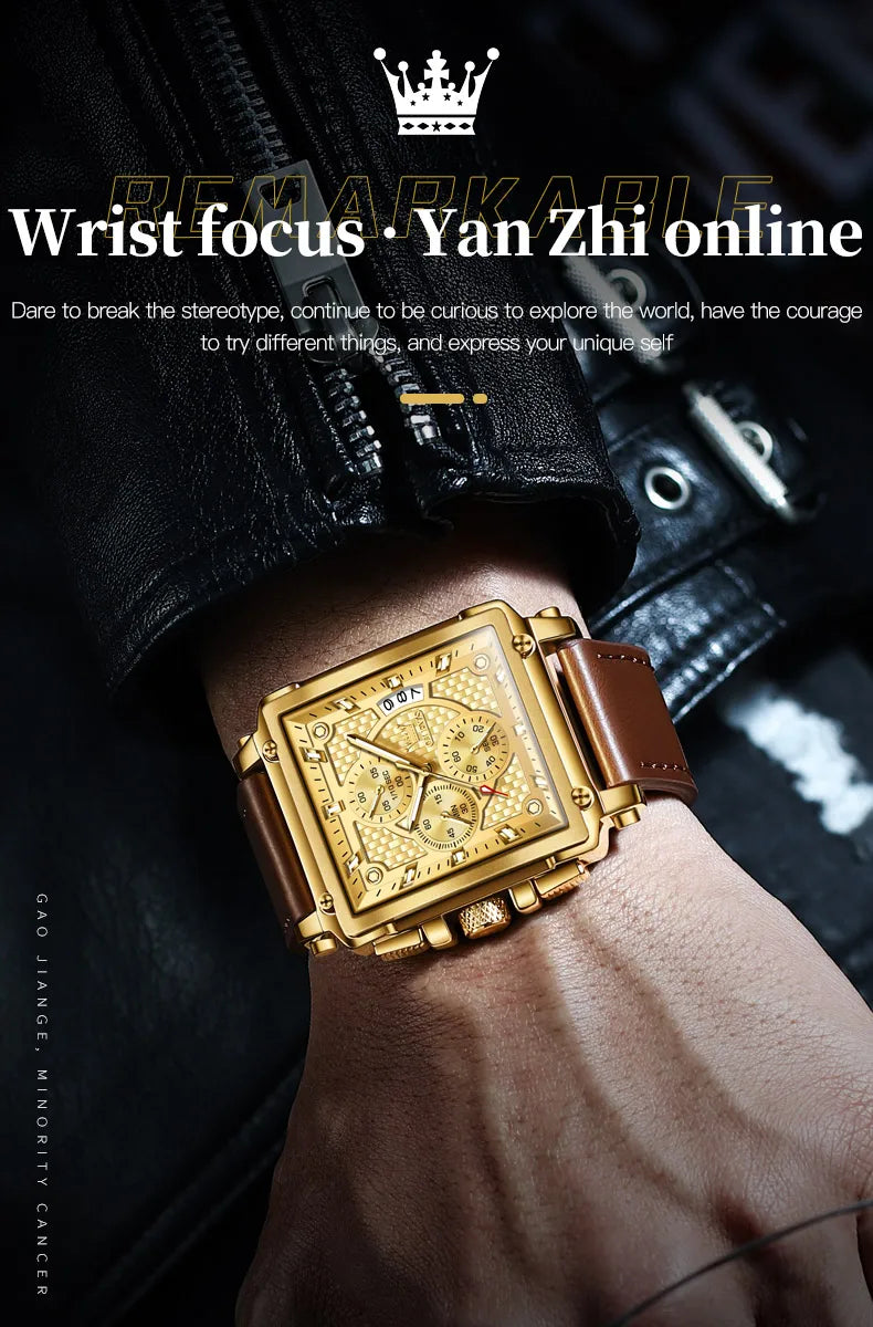 OLEVS 9925 Men's Watch - Luxury Square, Chronograph, Waterproof, Leather Strap