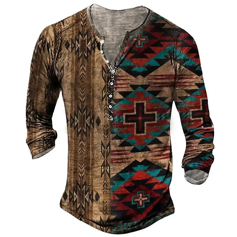 3D Wolf Men's T-Shirt - Polyester Long Sleeve Henry Collar