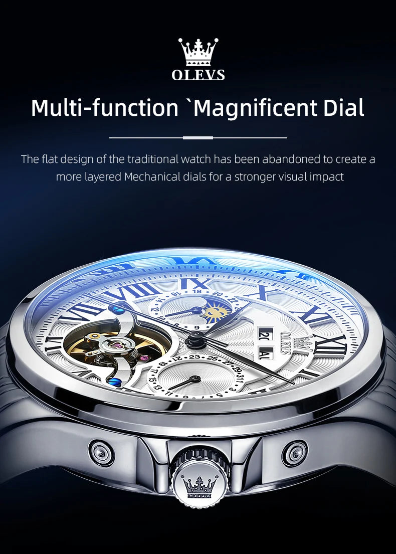 OLEVS 7013 Men's Watch - Moon Phase, Mechanical Automatic, Hollow Flywheel, Waterproof