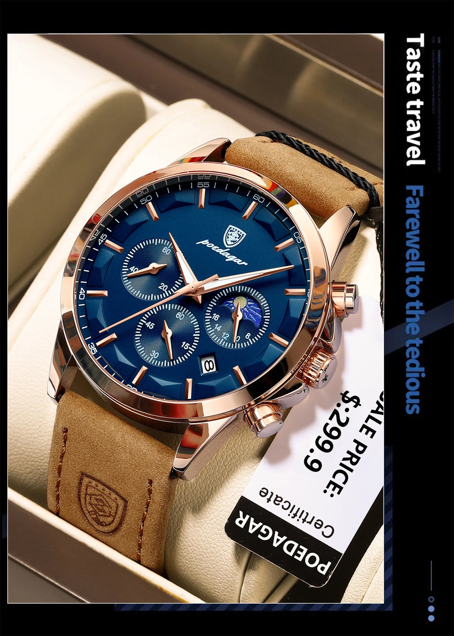 POEDAGAR 928 Men's Luxury Sport Watch - Leather Band, Luminous, Diver, 3ATM, Auto Date