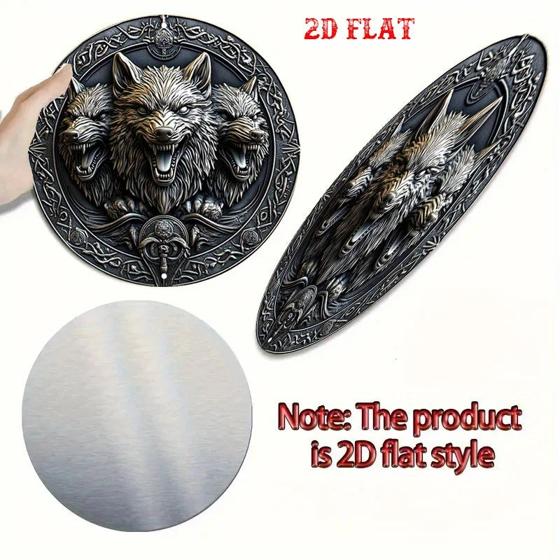 Wolf Faces Aluminum Sign - 20cm Round Celtic Knotwork Metal Wall Art