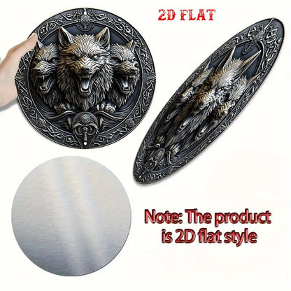 Wolf Faces Aluminum Sign - 20cm Round Celtic Knotwork Metal Wall Art