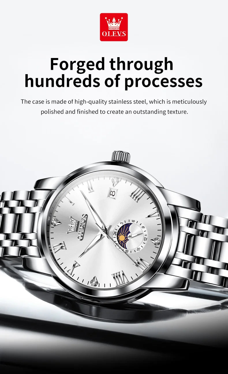 OLEVS Top Brand Men's Watches Fashion Original Quartz Watch for Man Waterproof Stainless Steel Luminous Wristwatch Moon Phase