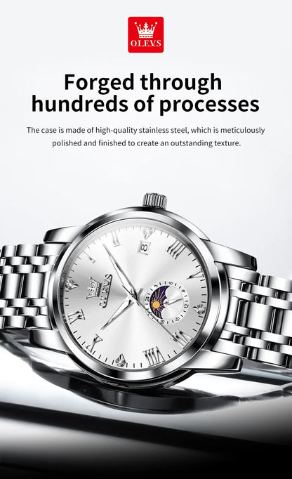 OLEVS Top Brand Men's Watches Fashion Original Quartz Watch for Man Waterproof Stainless Steel Luminous Wristwatch Moon Phase