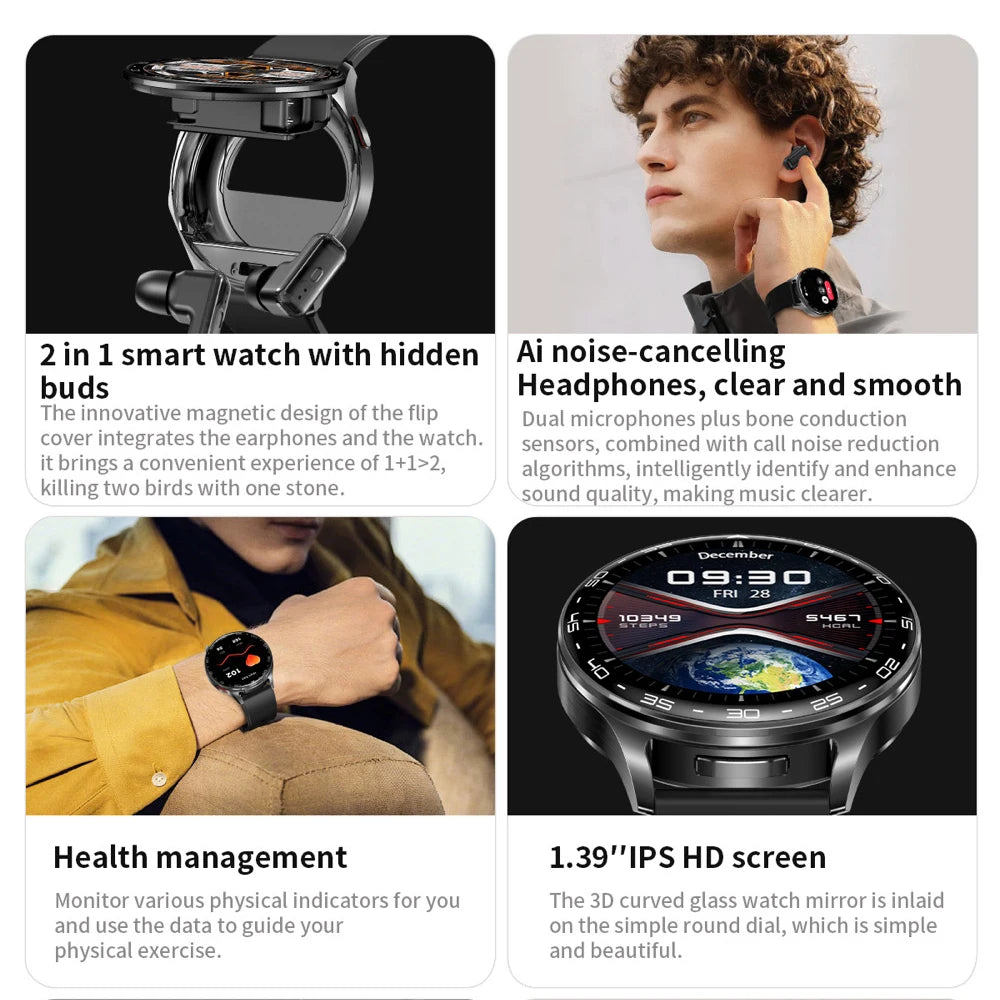 2-in-1 Smartwatch with TWS Earbuds - 1.39" IPS, Heart Rate, IP67, Bluetooth 5.0, 300mAh
