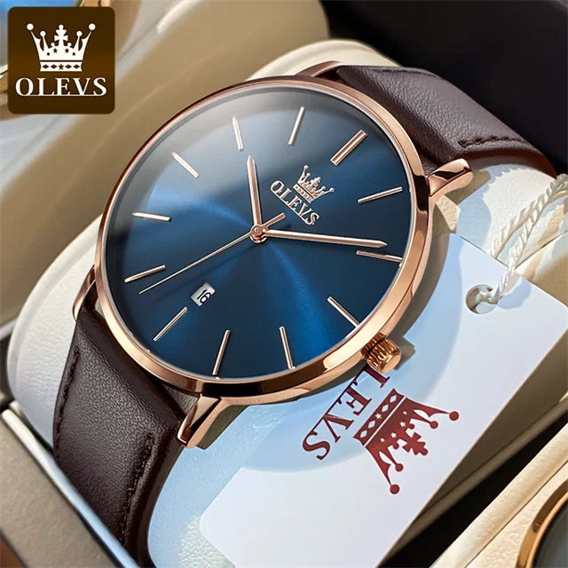 OLEVS 5869 Men's Watch - Ultra Thin 6.5mm, Minimalist, Leather Strap, Waterproof, Auto Date