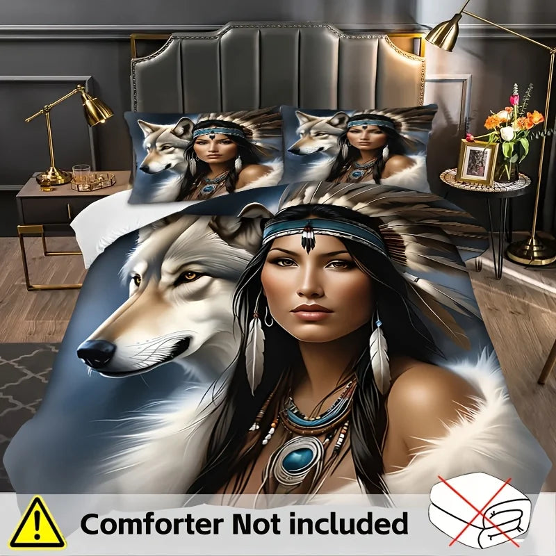 Wolf Feather 3D Bedding Set - Polyester Duvet Cover Pillowcase