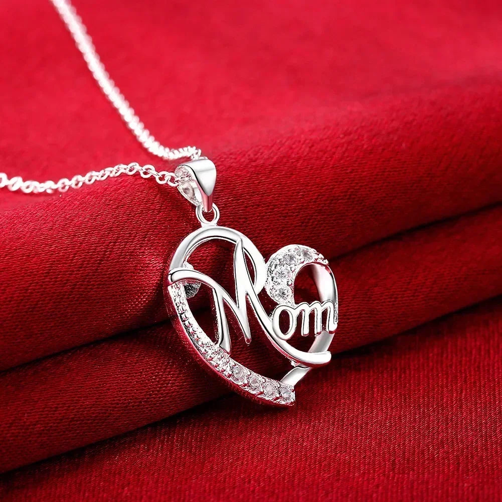 Mom Heart Pendant Necklace – 925 Sterling Silver, AAA Zircon Crystal