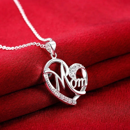 Mom Heart Pendant Necklace – 925 Sterling Silver, AAA Zircon Crystal