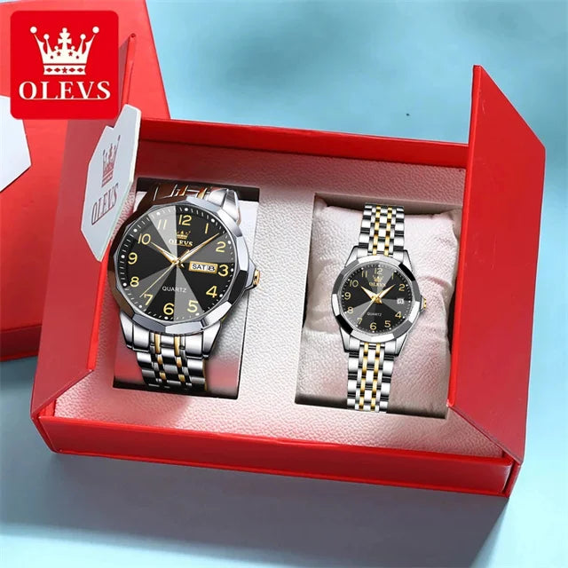 OLEVS 9970 Couple Watch - Luxury, Stainless Steel, Waterproof, Calendar, Digital Dial, Rhombus Mirror