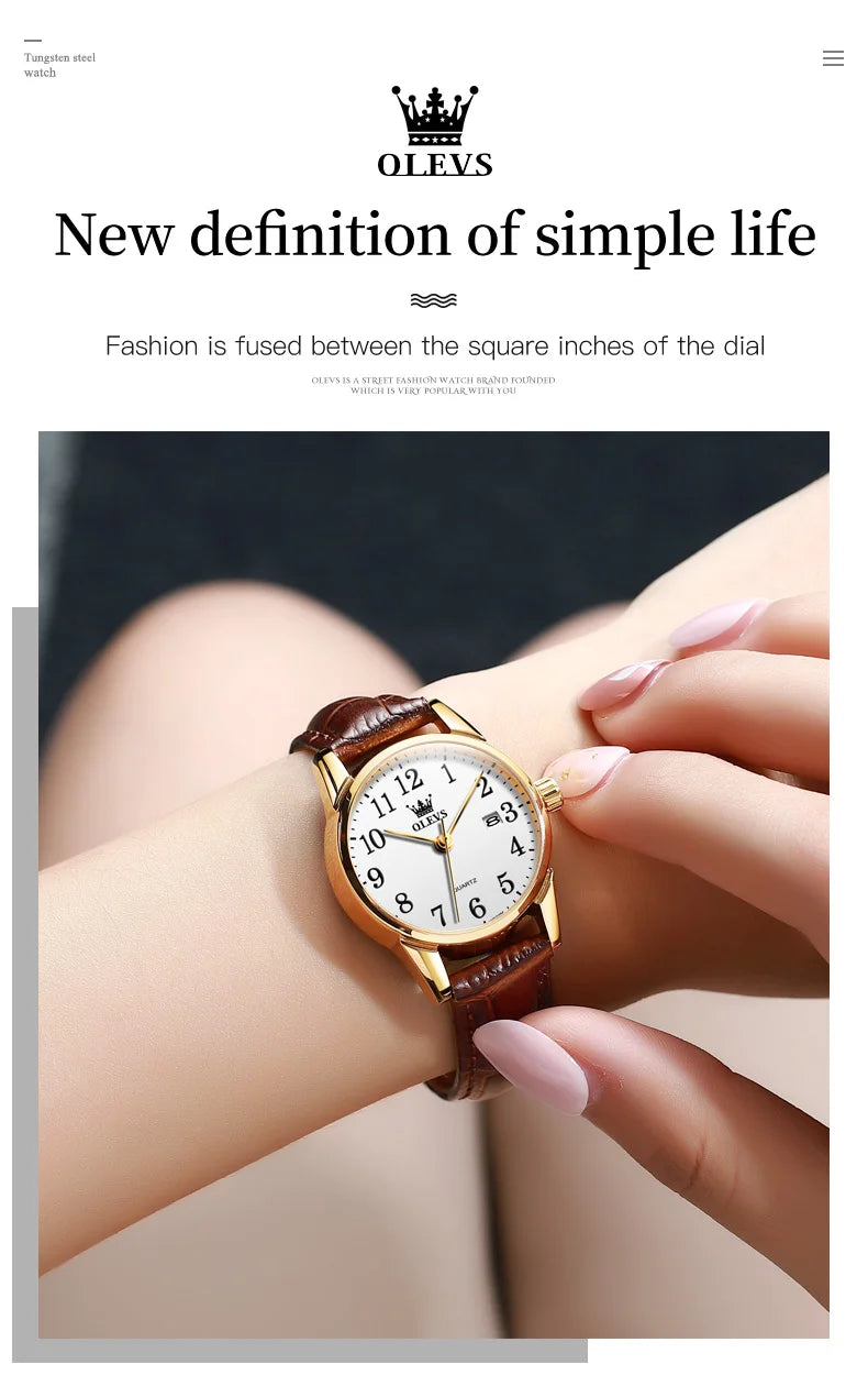 OLEVS 5566 Watch - Fashion Quartz, Leather Strap, Waterproof, Arabic Numeral, Men & Women