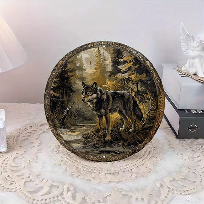 Wolf in Forest Aluminum Metal Wall Art - Round Sign, Waterproof