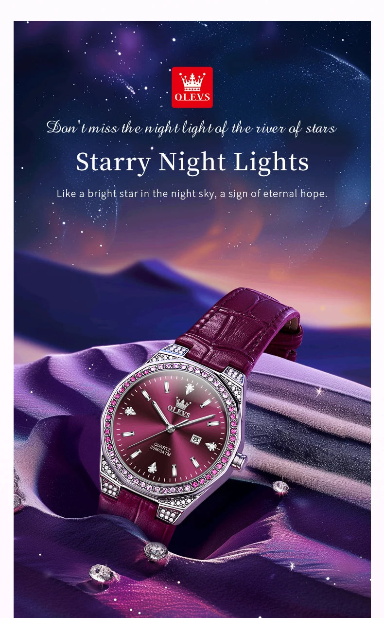 OLEVS 5606 Original Diamond Watch - Leather Strap, 3M Waterproof, Luminous