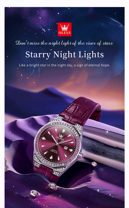 OLEVS 5606 Original Diamond Watch - Leather Strap, 3M Waterproof, Luminous