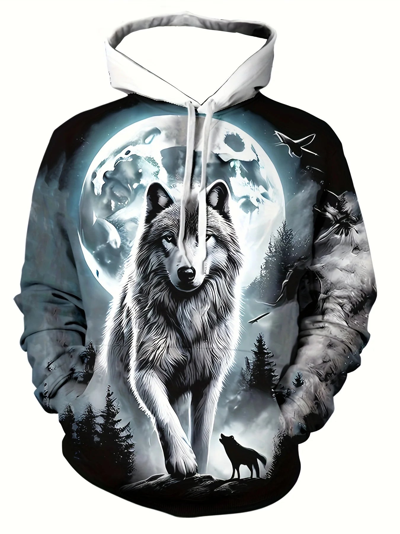 Wolf 3D Print Hoodie - Polyester O-Neck Front Pocket Streetwear
