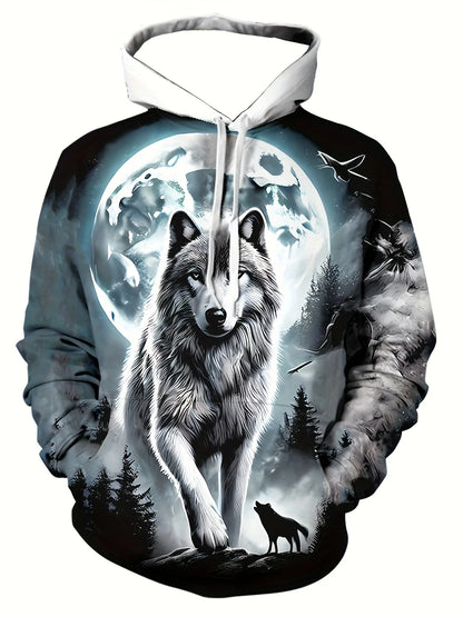 Wolf 3D Print Hoodie - Polyester O-Neck Front Pocket Streetwear