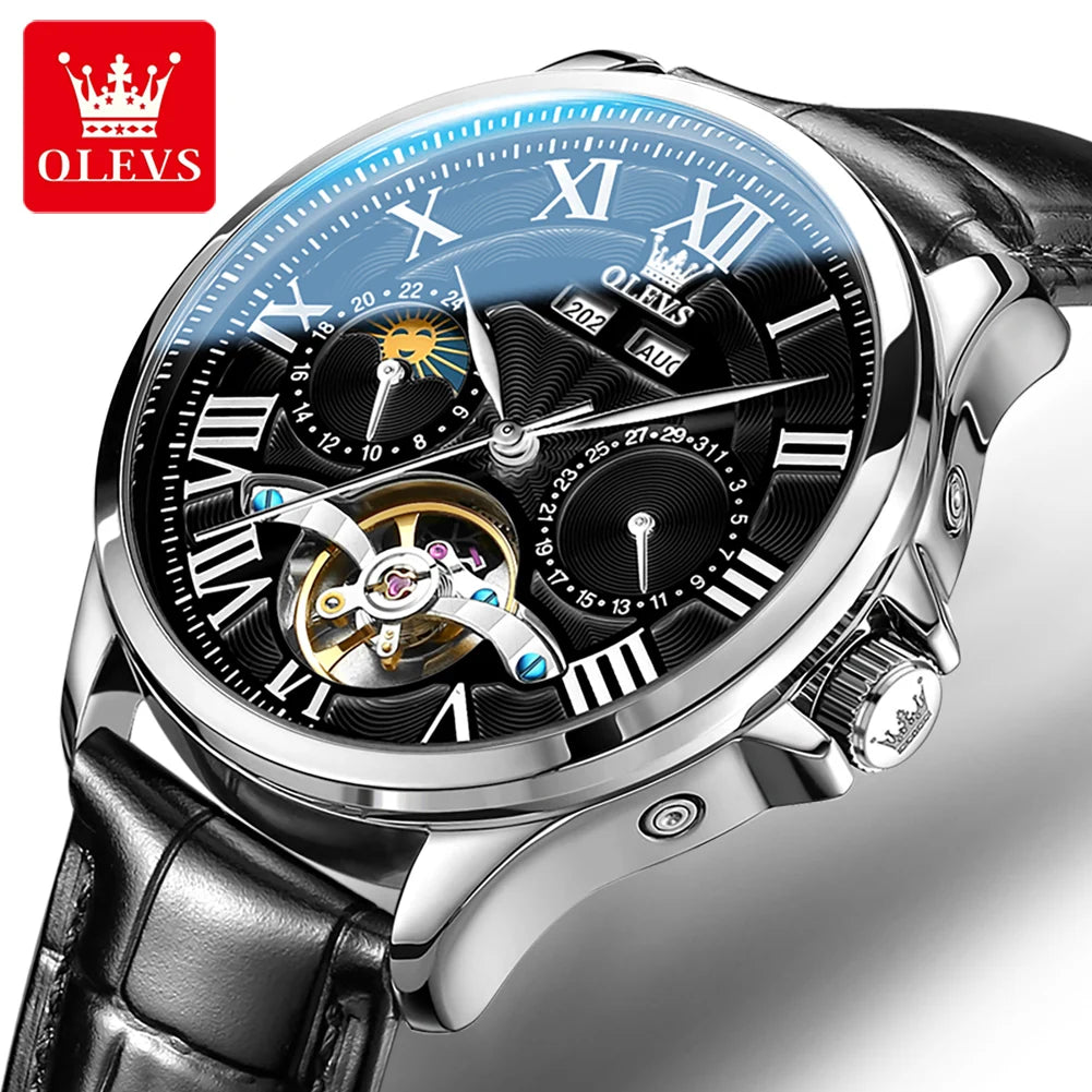 OLEVS 7013 Men's Watch - Moon Phase, Mechanical Automatic, Hollow Flywheel, Waterproof