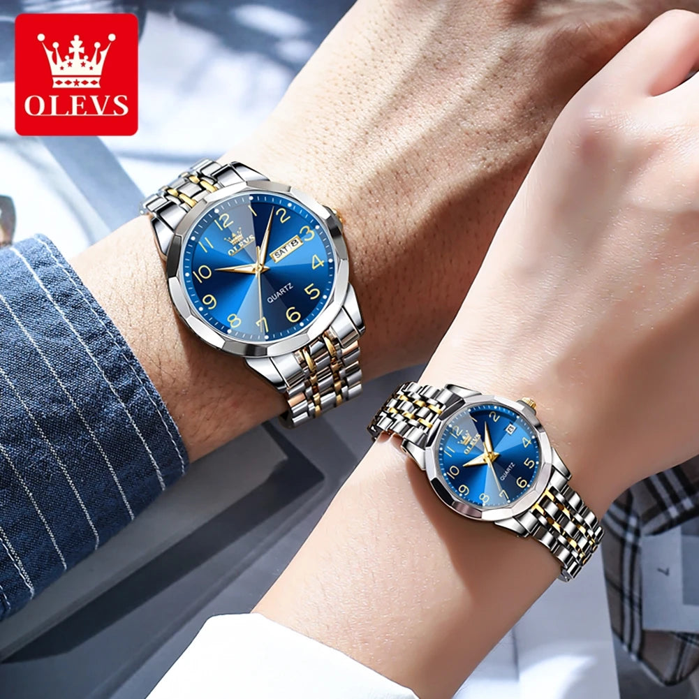 OLEVS 9970 Couple Watch - Luxury, Stainless Steel, Waterproof, Calendar, Digital Dial, Rhombus Mirror