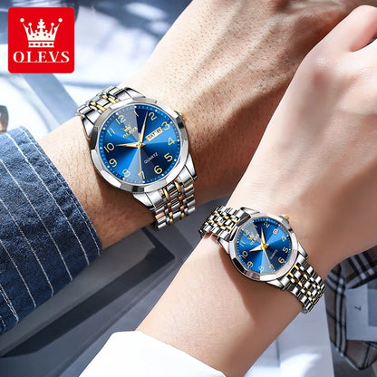 OLEVS 9970 Couple Watch - Luxury, Stainless Steel, Waterproof, Calendar, Digital Dial, Rhombus Mirror