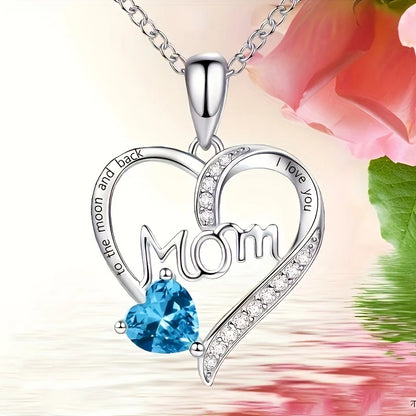 Heart 'Mom' Engraved Rhinestone Necklace – Multi-Color, 35cm