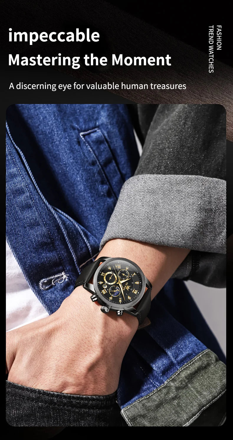 OLEVS 3660 Men's Watch - Moon Phase, Chronograph, Leather Strap, Waterproof, Anti-Magnetic