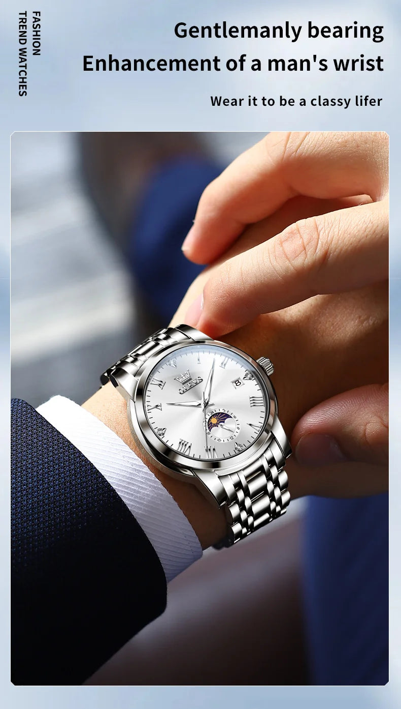 OLEVS Top Brand Men's Watches Fashion Original Quartz Watch for Man Waterproof Stainless Steel Luminous Wristwatch Moon Phase