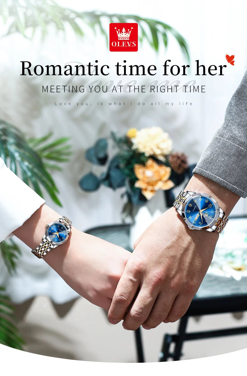 OLEVS 9970 Couple Watch - Luxury, Stainless Steel, Waterproof, Calendar, Digital Dial, Rhombus Mirror