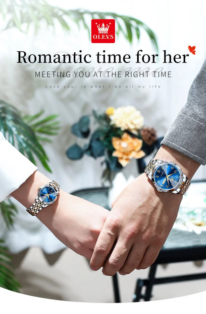 OLEVS 9970 Couple Watch - Luxury, Stainless Steel, Waterproof, Calendar, Digital Dial, Rhombus Mirror