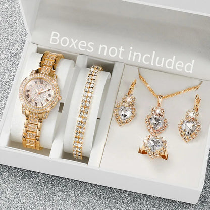 RUNERR Women's 6pcs Full Diamond Quartz Watch & Jewelry Set - Gold Steel Band, Roman Numeral, 30mm