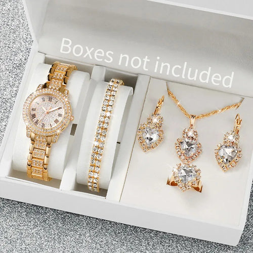 RUNERR Women's 6pcs Full Diamond Quartz Watch & Jewelry Set - Gold Steel Band, Roman Numeral, 30mm