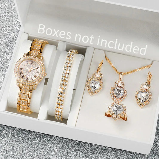RUNERR Women's 6pcs Full Diamond Quartz Watch & Jewelry Set - Gold Steel Band, Roman Numeral, 30mm