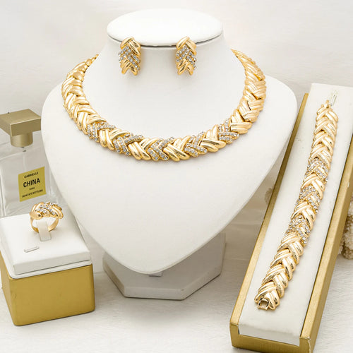 Bridal Jewelry Set - 18K Gold Plated Necklace, Earrings, Bracelet & Ring