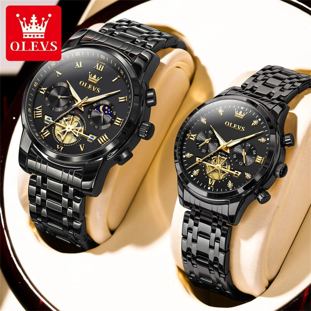 OLEVS 2859+2897 Couple Watch - Stainless Steel, Waterproof, Chronograph, Moon Phase, Flywheel