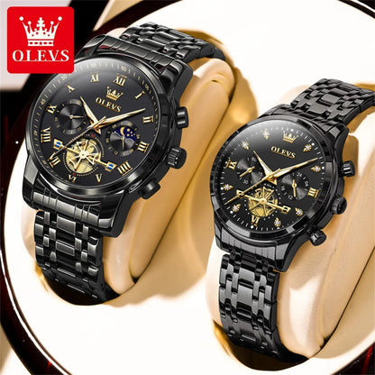 OLEVS 2859+2897 Couple Watch - Stainless Steel, Waterproof, Chronograph, Moon Phase, Flywheel
