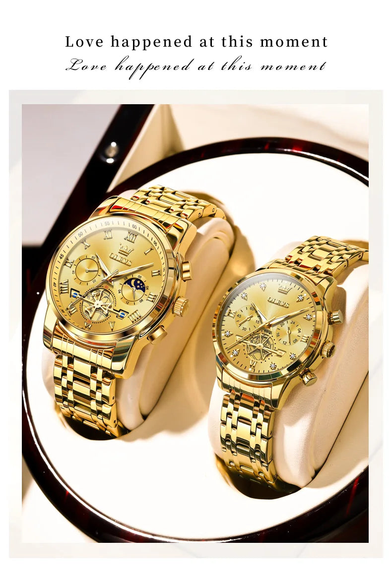 OLEVS 2859+2897 Couple Watch - Stainless Steel, Waterproof, Chronograph, Moon Phase, Flywheel