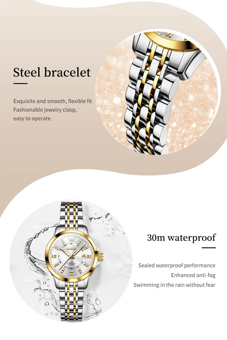 OLEVS 3620 Women's Watch - Luxury Diamond, Automatic Calendar, Waterproof, Bracelet Set