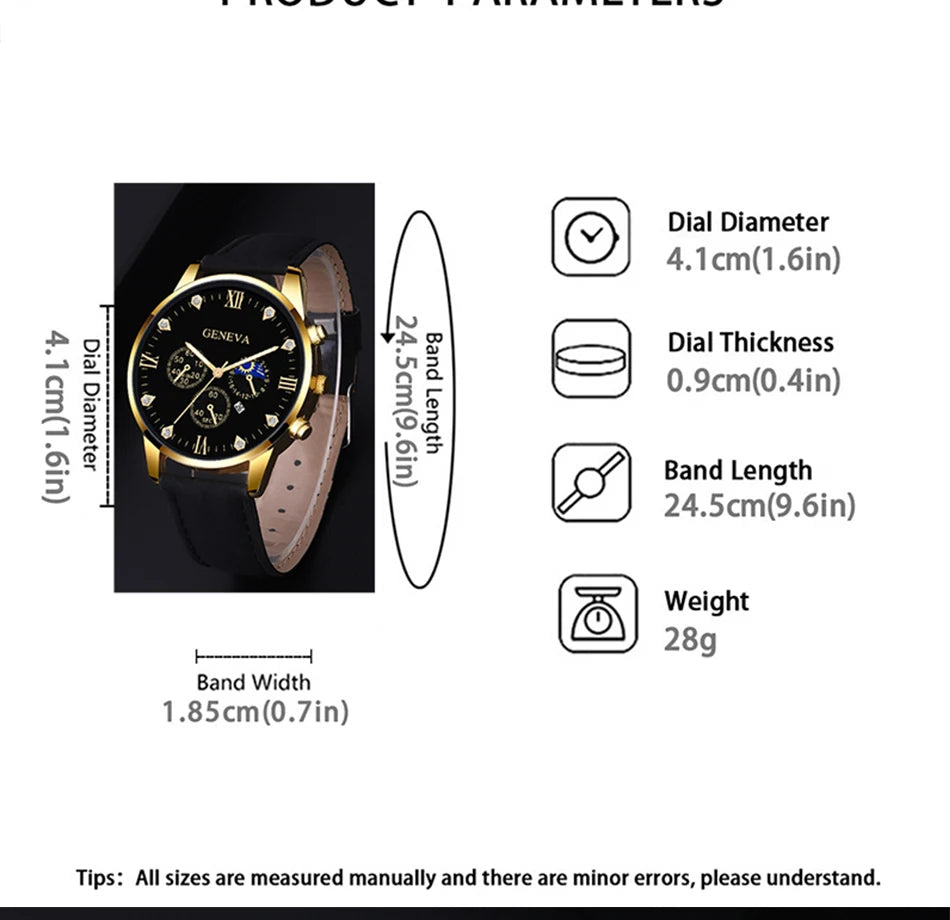 DEYROS 2pcs Men's Luxury Quartz Watch & Bracelet Set - Leather Band, Numberless Dial, No Box