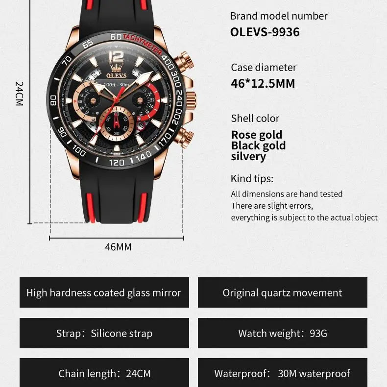 OLEVS 9936 Men's Watch - Luxury, Silicone Strap, Waterproof, Chronograph, Night Light