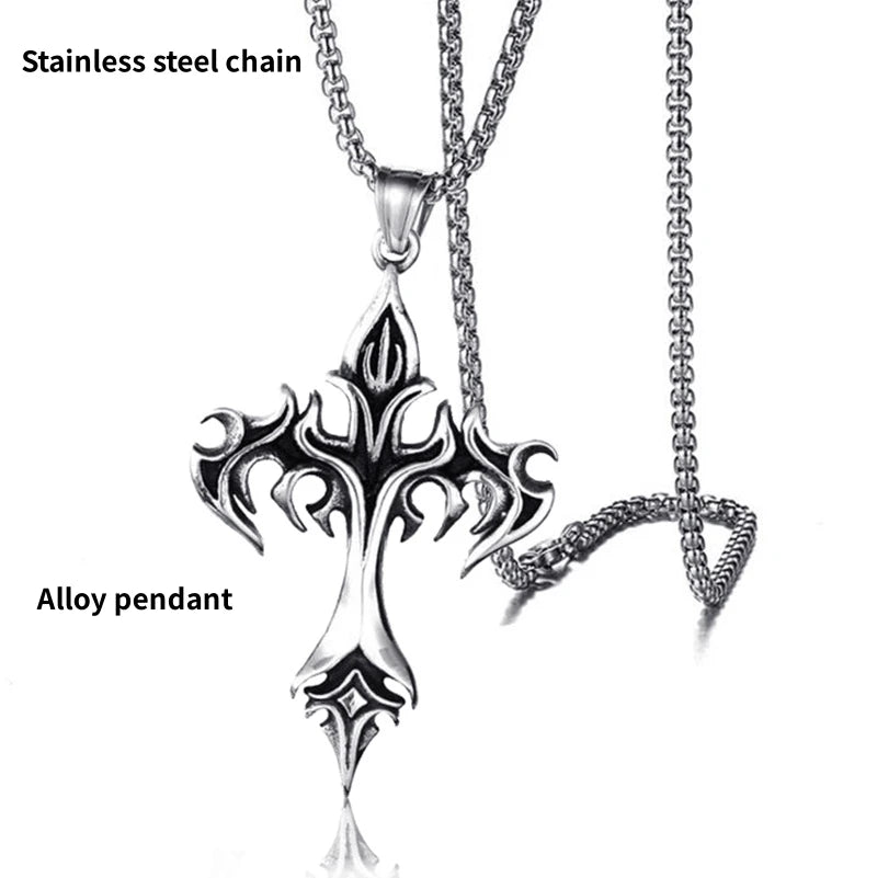 Vintage Flame Cross Pendant Necklace - 60cm Gothic Chain