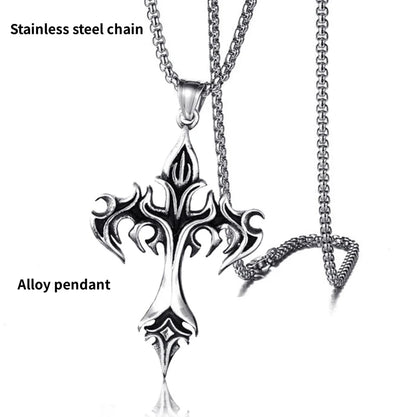 Vintage Flame Cross Pendant Necklace - 60cm Gothic Chain
