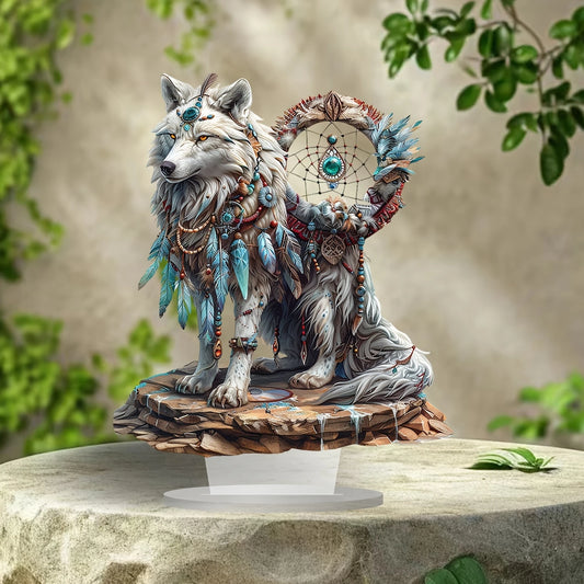 White Wolf Dream Catcher Acrylic Desk Decor - 10in 2D Tabletop Sign