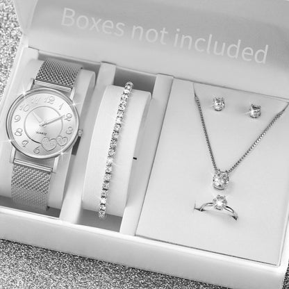 Women's Heart Dial Quartz Watch & Rhinestone Heart Jewelry Set - Plastic Band, 38mm, No Box