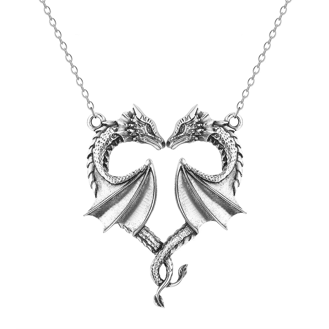 Dragon Heart Pendant Necklace – Stainless Steel, Silver, Love Symbol