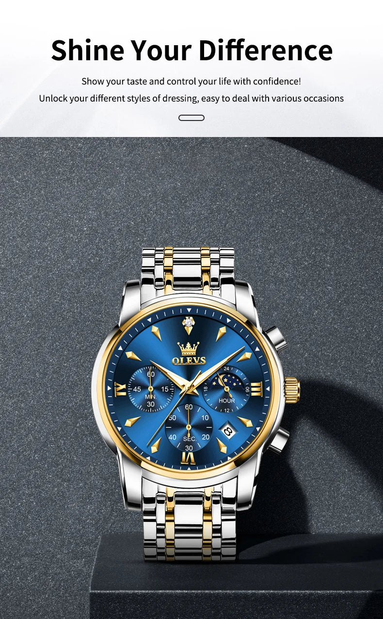 OLEVS Moon Phase Watch - Gold Blue Stainless Steel Chronograph