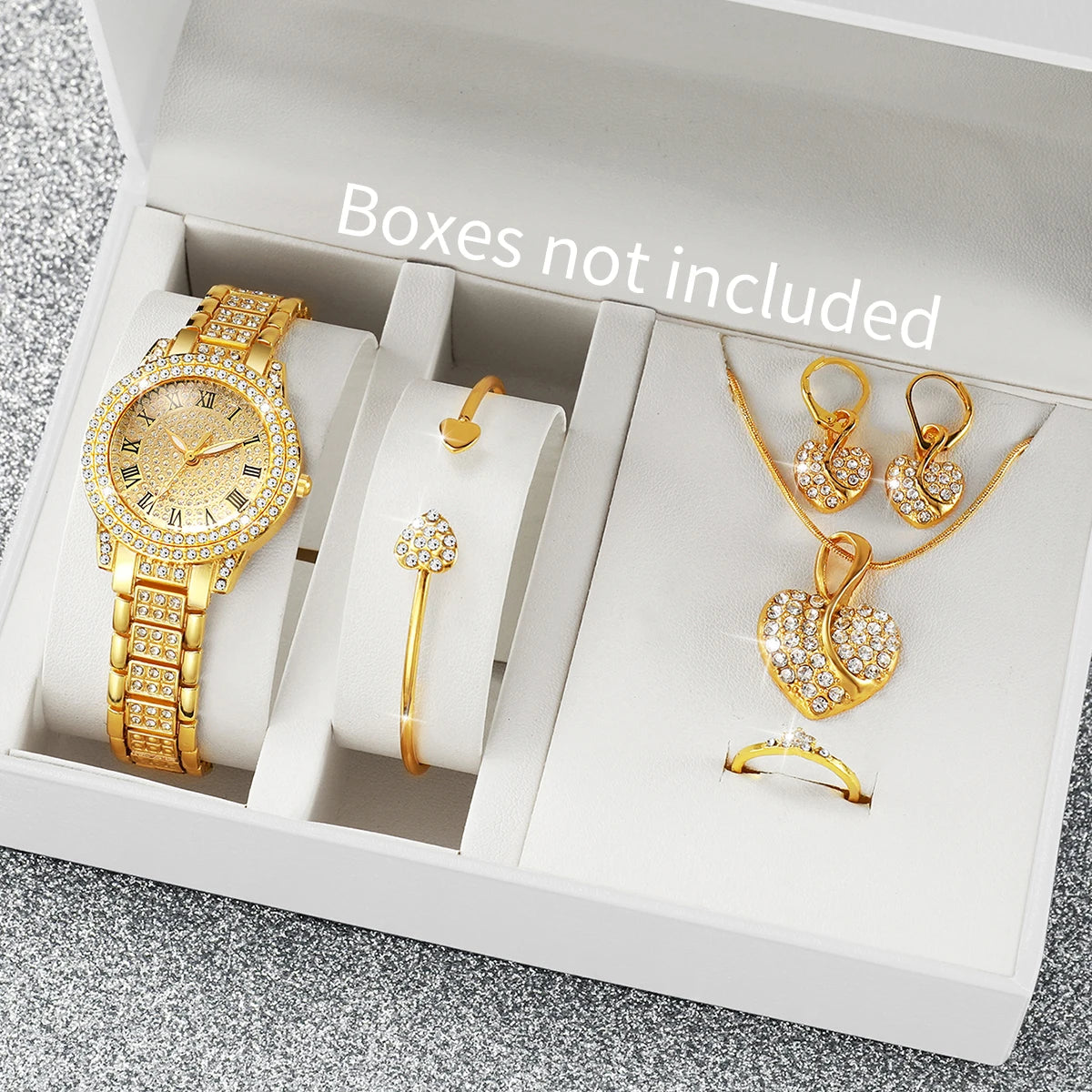 Women's Diamond Roman Numeral Quartz Watch & Heart Jewelry Set - Alloy Band, 32mm, No Box