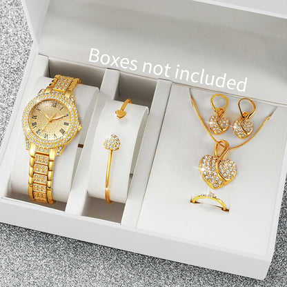 Women's Diamond Roman Numeral Quartz Watch & Heart Jewelry Set - Alloy Band, 32mm, No Box