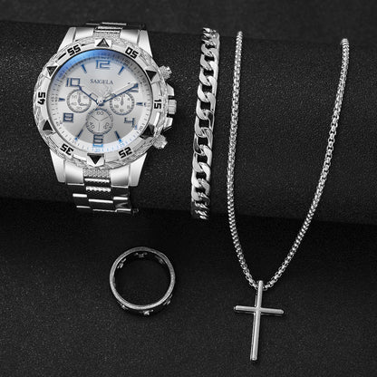 yolako 4pcs Men's Quartz Watch Jewelry Set - Watch, Bracelet, Necklace & Ring, 45mm, No Box