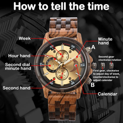 Rainch Men’s Wooden Quartz Watch with Dual Time Zones and Calendar
