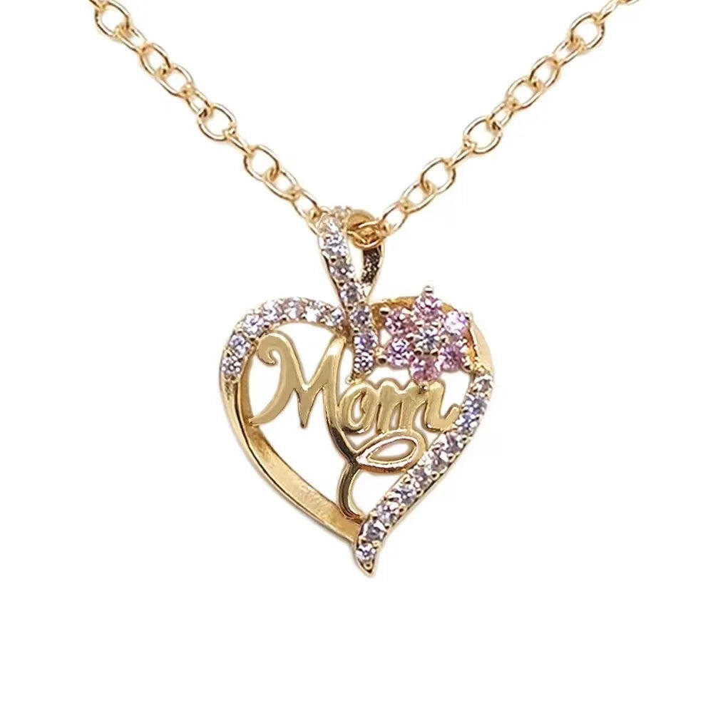 Mom Heart Necklace - Gold Plated with Cubic Zirconia