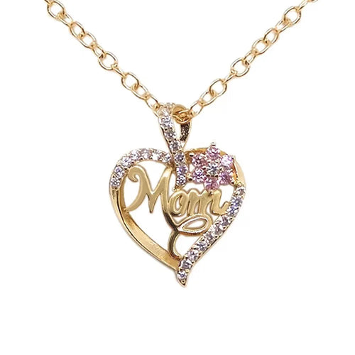 Mom Heart Necklace - Gold Plated with Cubic Zirconia